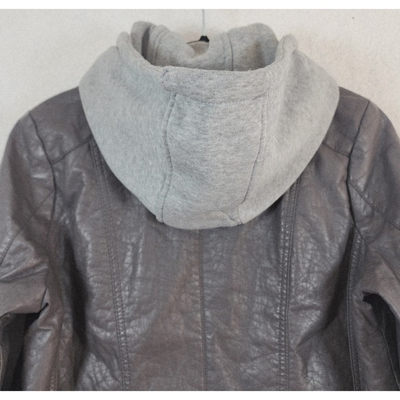 J2 Full Zip Up Fur Lined Grey Hooded Faux Leather Moto Jacket Women's Size XL - Picture 11 of 16